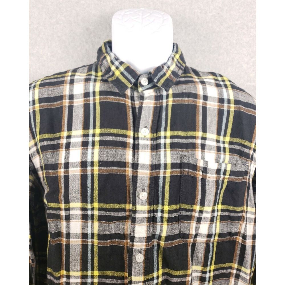 Bean Signatures LL Bean Mens Button Down Shirt Long Sleeve 100% Linen Plaid‎